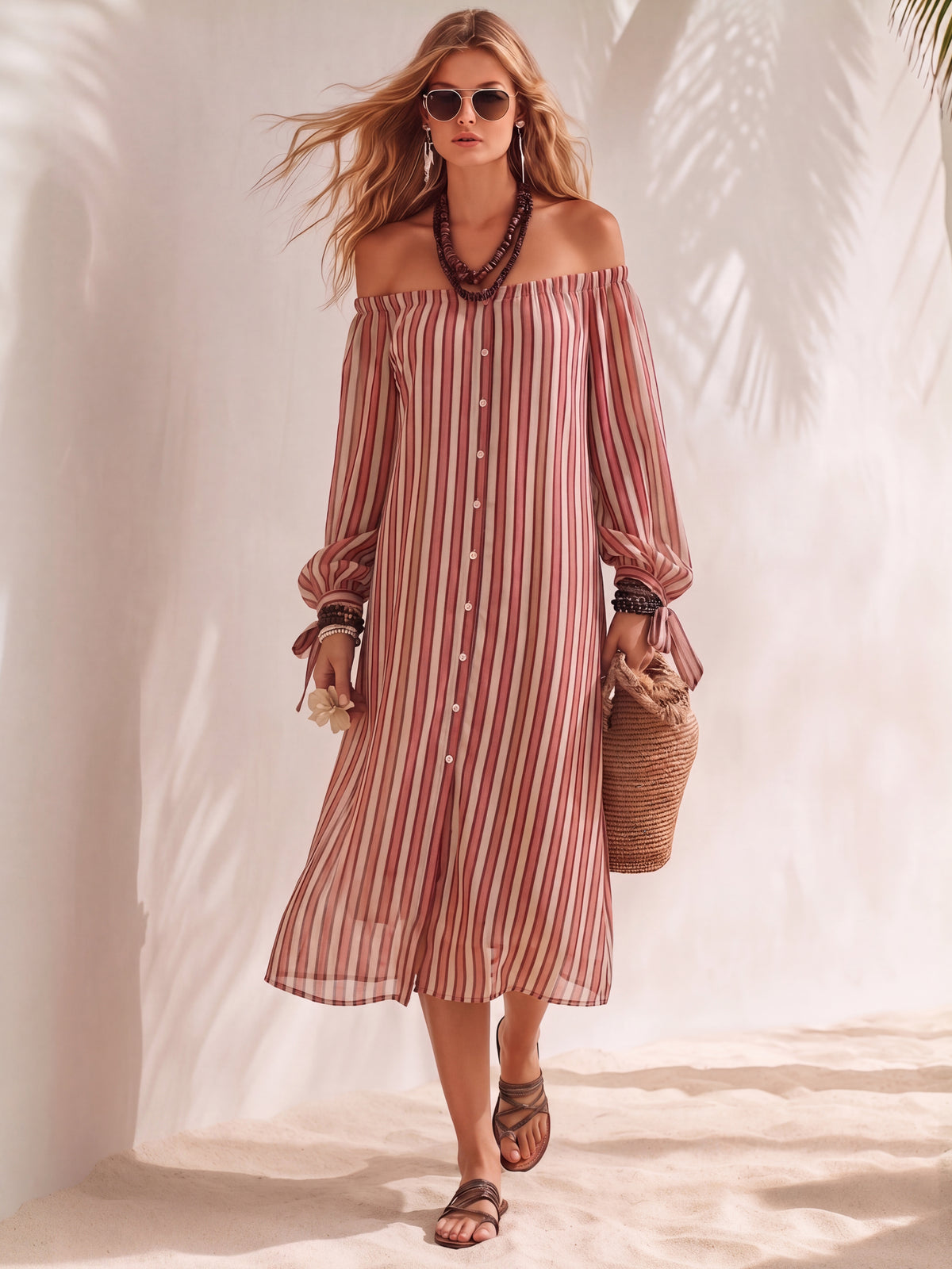 Bohemian Resort Style Off-the-shoulder Button-down Striped Chiffon Print Midi Dress