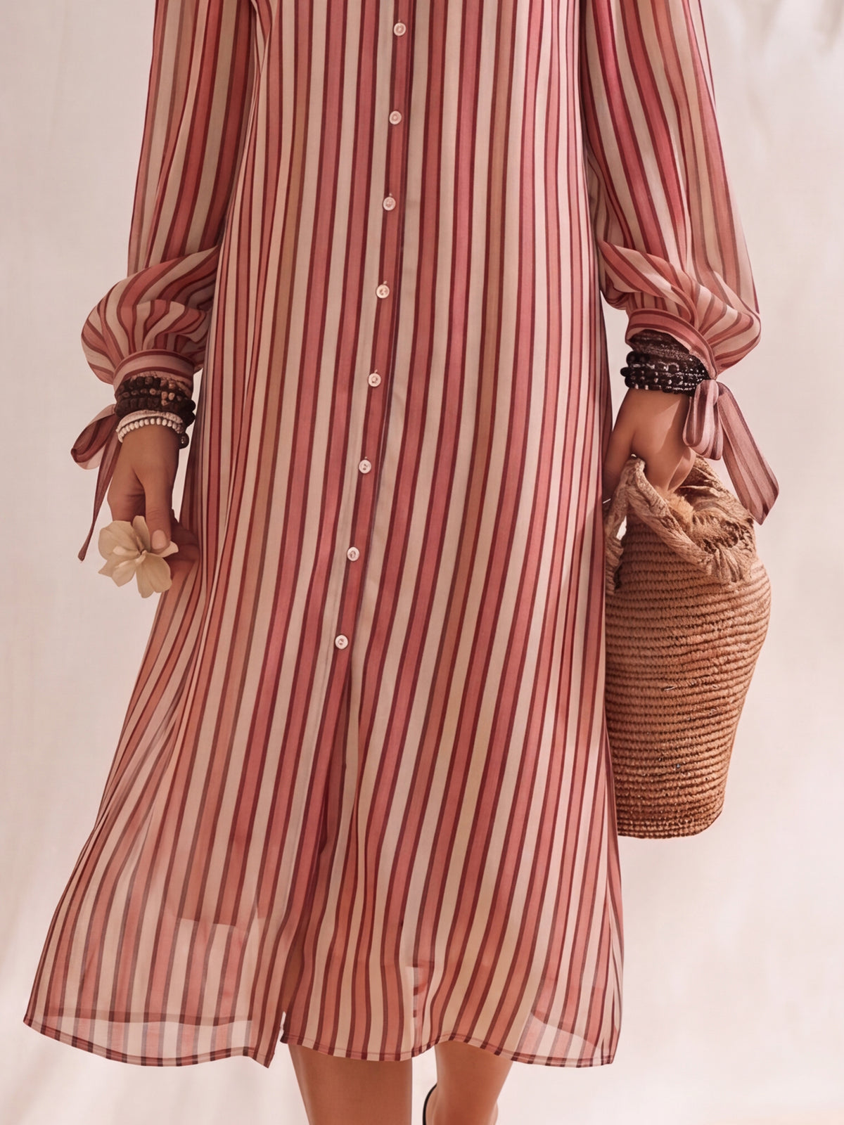 Bohemian Resort Style Off-the-shoulder Button-down Striped Chiffon Print Midi Dress