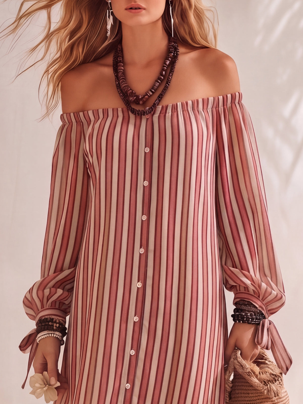 Bohemian Resort Style Off-the-shoulder Button-down Striped Chiffon Print Midi Dress