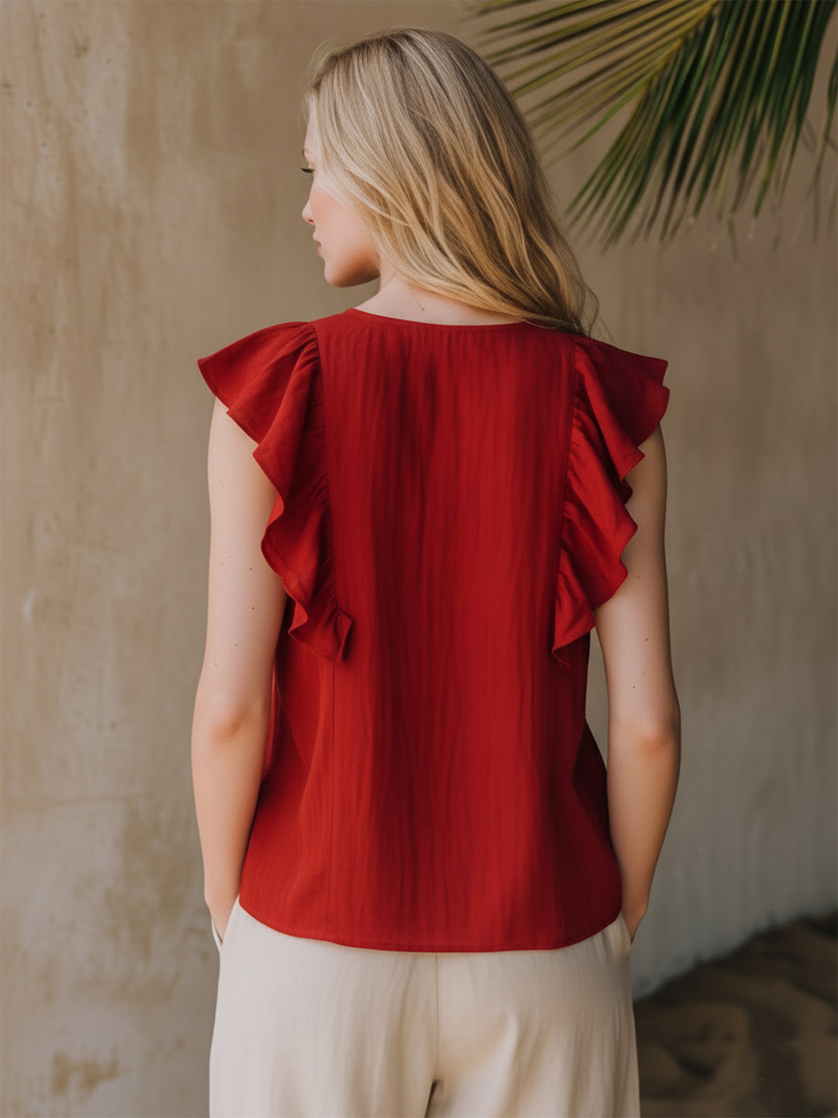 Bohemian-style Red Ruffled V-neck Cotton Linen Sleeveless Tank Top