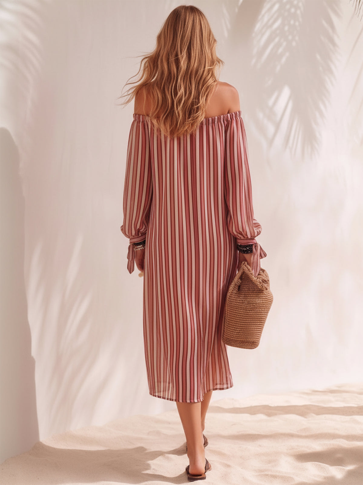 Bohemian Resort Style Off-the-shoulder Button-down Striped Chiffon Print Midi Dress
