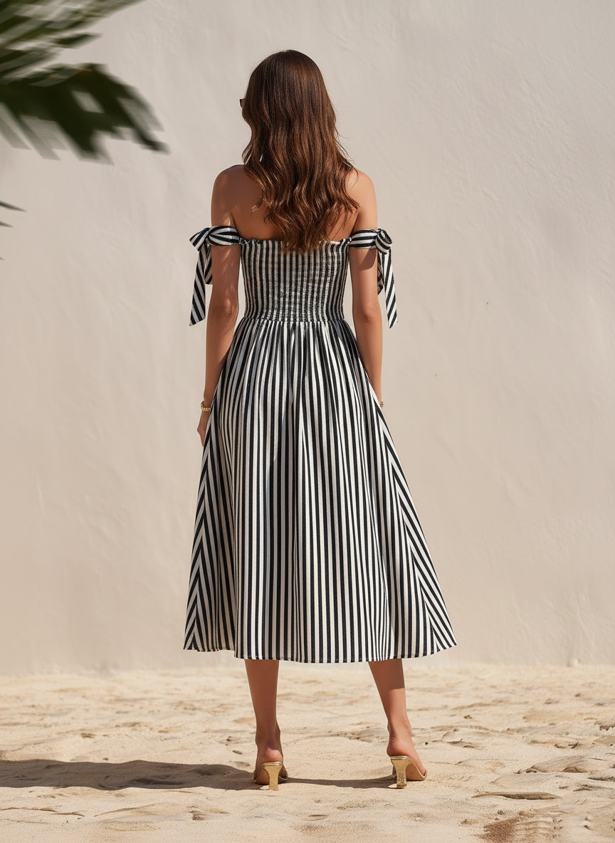 Casual Vacation Off-Shoulder Black White Striped Cotton Midi Dress