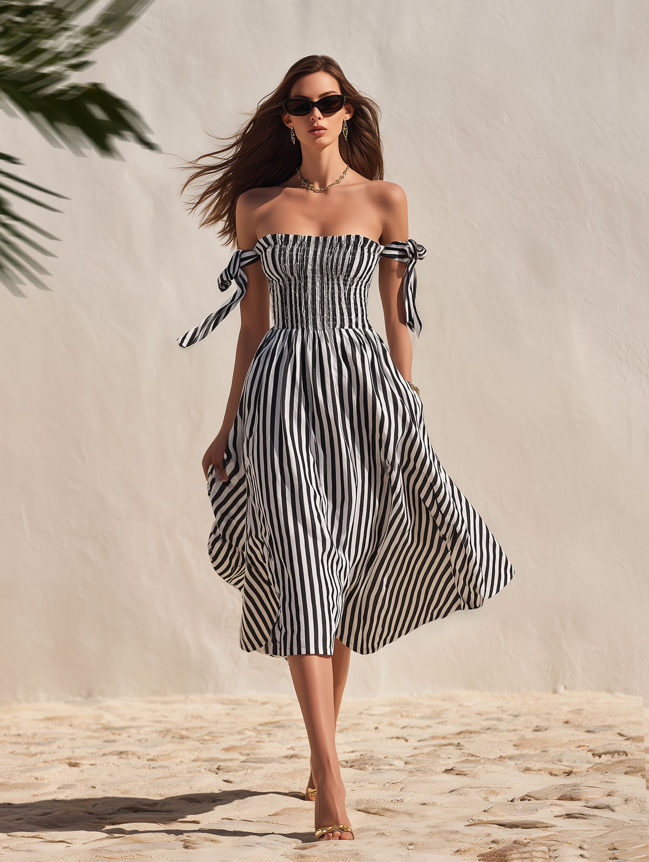 Casual Vacation Off-Shoulder Black White Striped Cotton Midi Dress