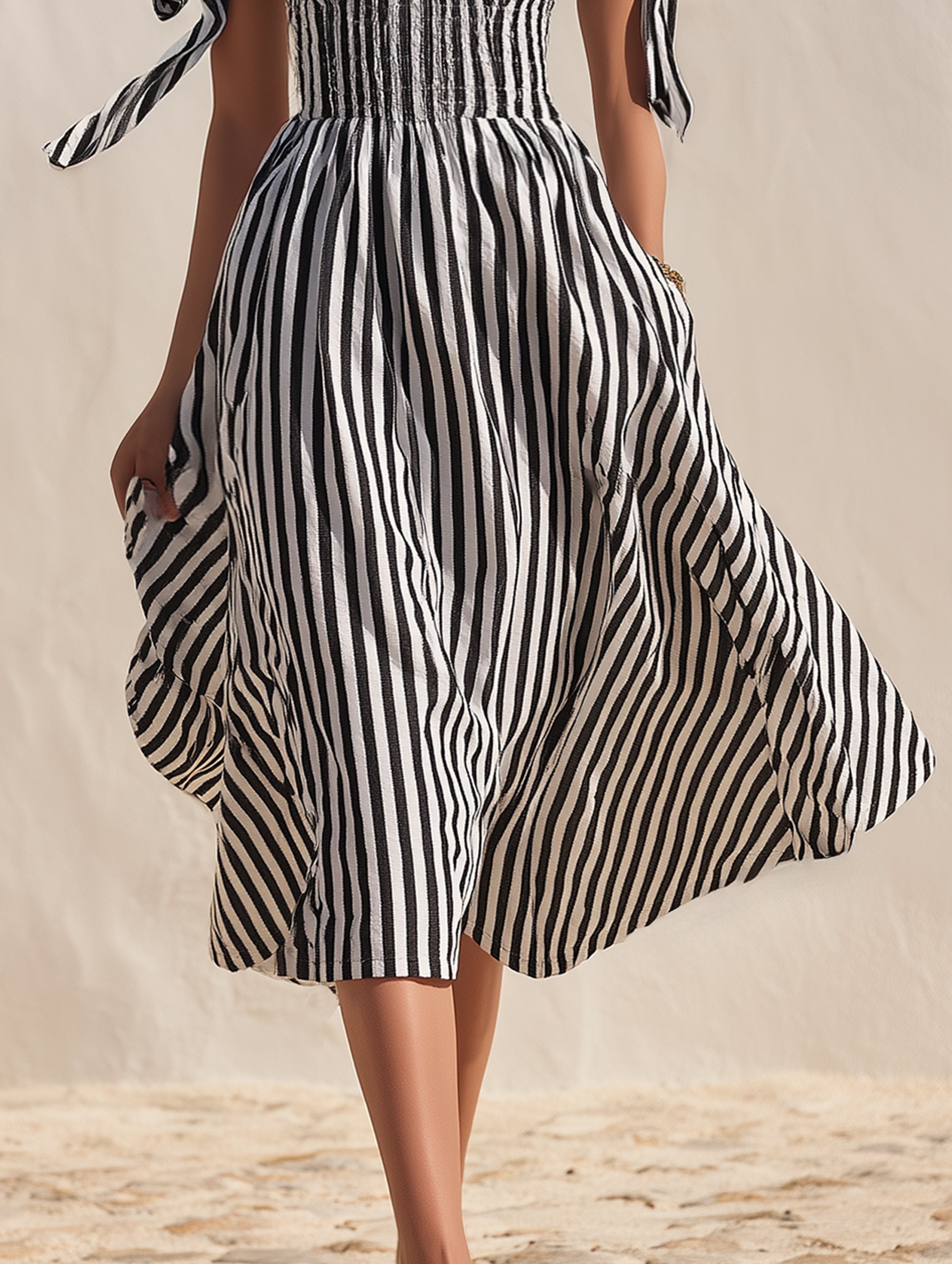 Casual Vacation Off-Shoulder Black White Striped Cotton Midi Dress