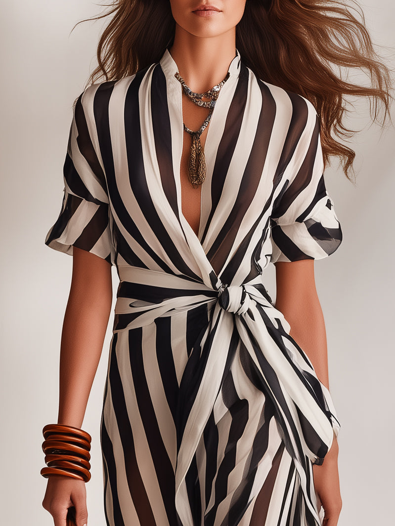 Simple Casual Black White Striped Sheer Wrap Maxi Dress With Tie Waist