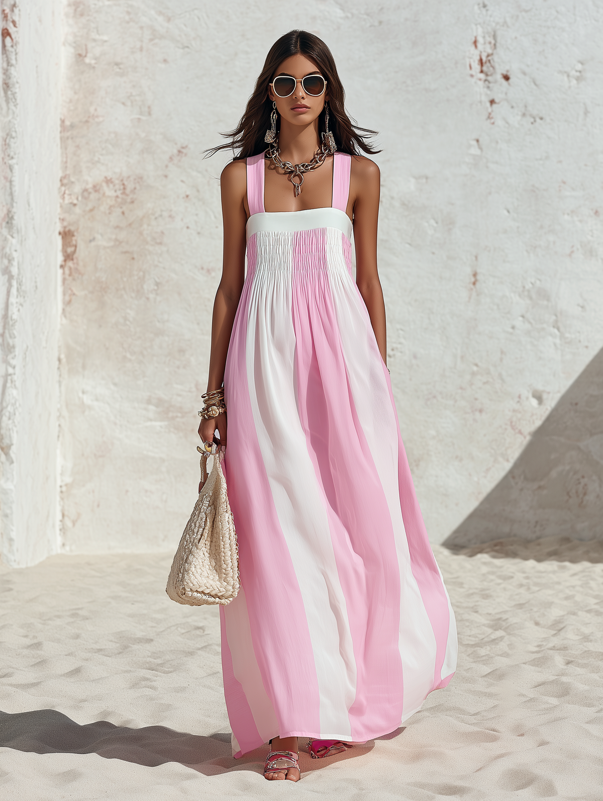 Resort Style Square Neck Sleeveless Striped Chiffon Maxi Dress