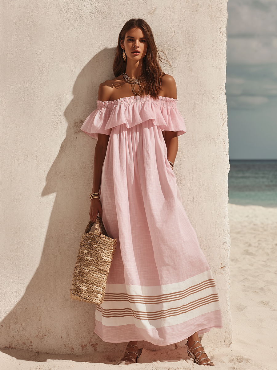 Bohemian Vacation Off-the-shoulder Ruffled Color-blocked Striped Maxi Dress