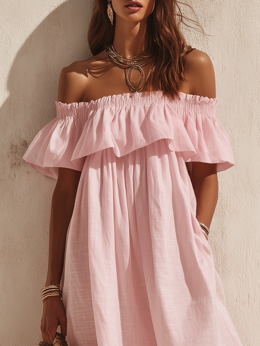 Bohemian Vacation Off-the-shoulder Ruffled Color-blocked Striped Maxi Dress