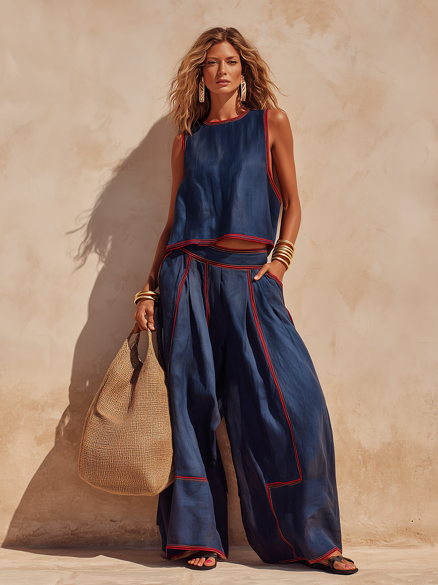 Relaxed Stylish Red Trim Navy Blue Tencel Wide-leg Set