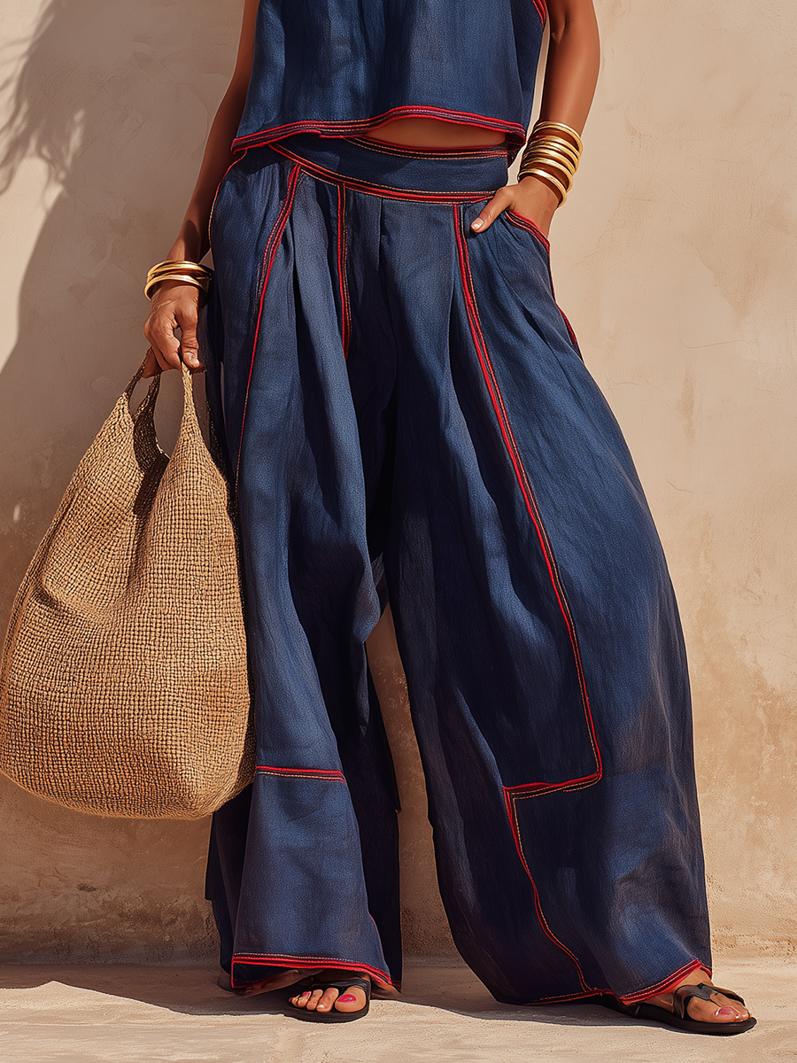 Relaxed Stylish Red Trim Navy Blue Tencel Wide-leg Set