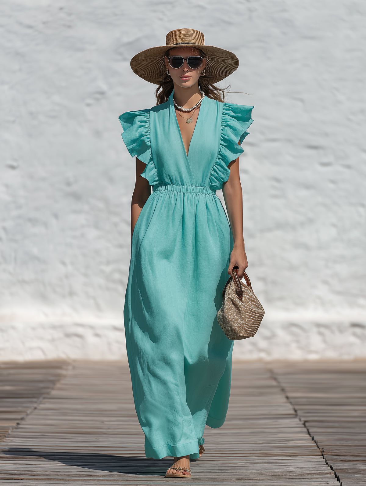 CAPRI VIBE Turquoise Linen Blend Ruffle Sleeve Maxi Dress
