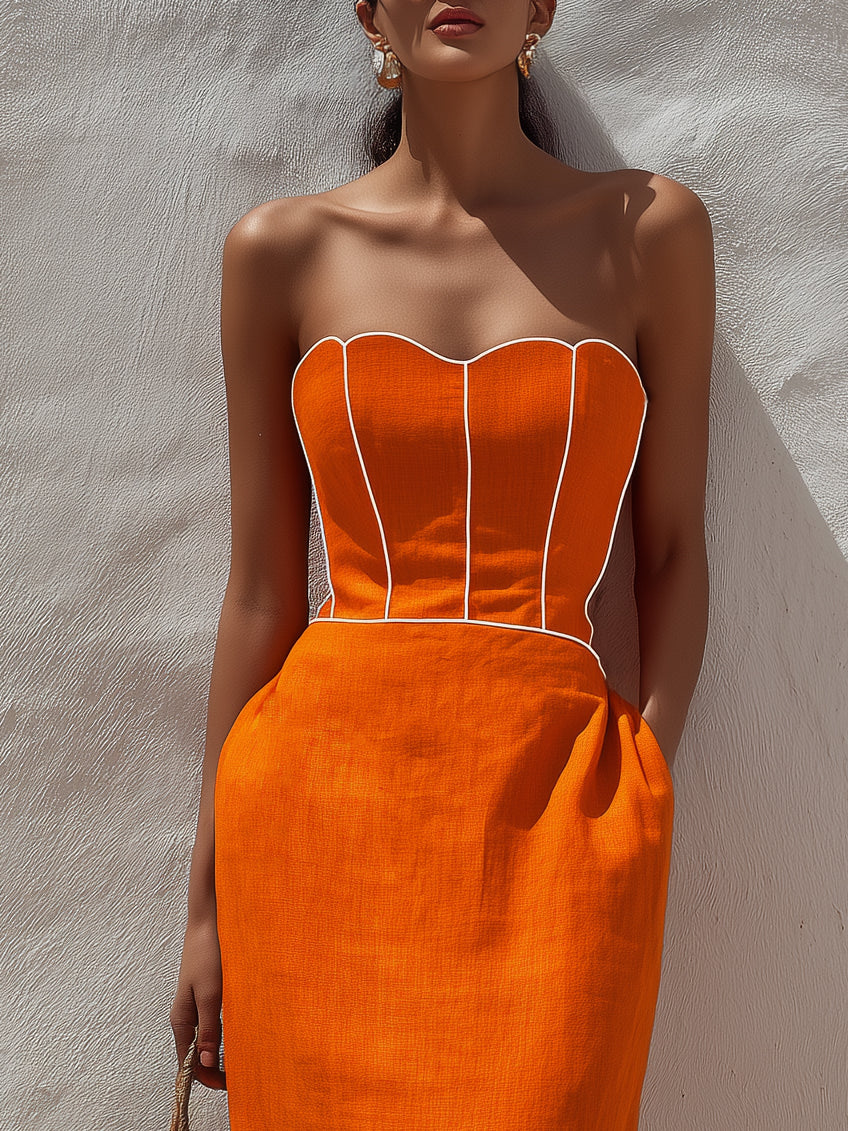 Retro Style Orange White Contrast Strapless Corset Midi Dress