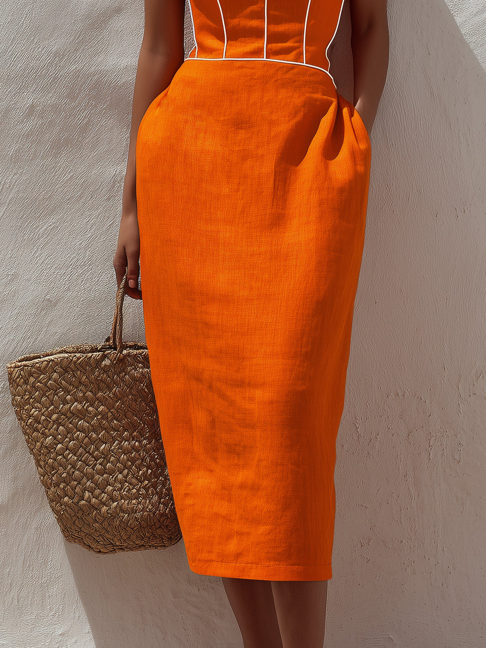 Retro Style Orange White Contrast Strapless Corset Midi Dress