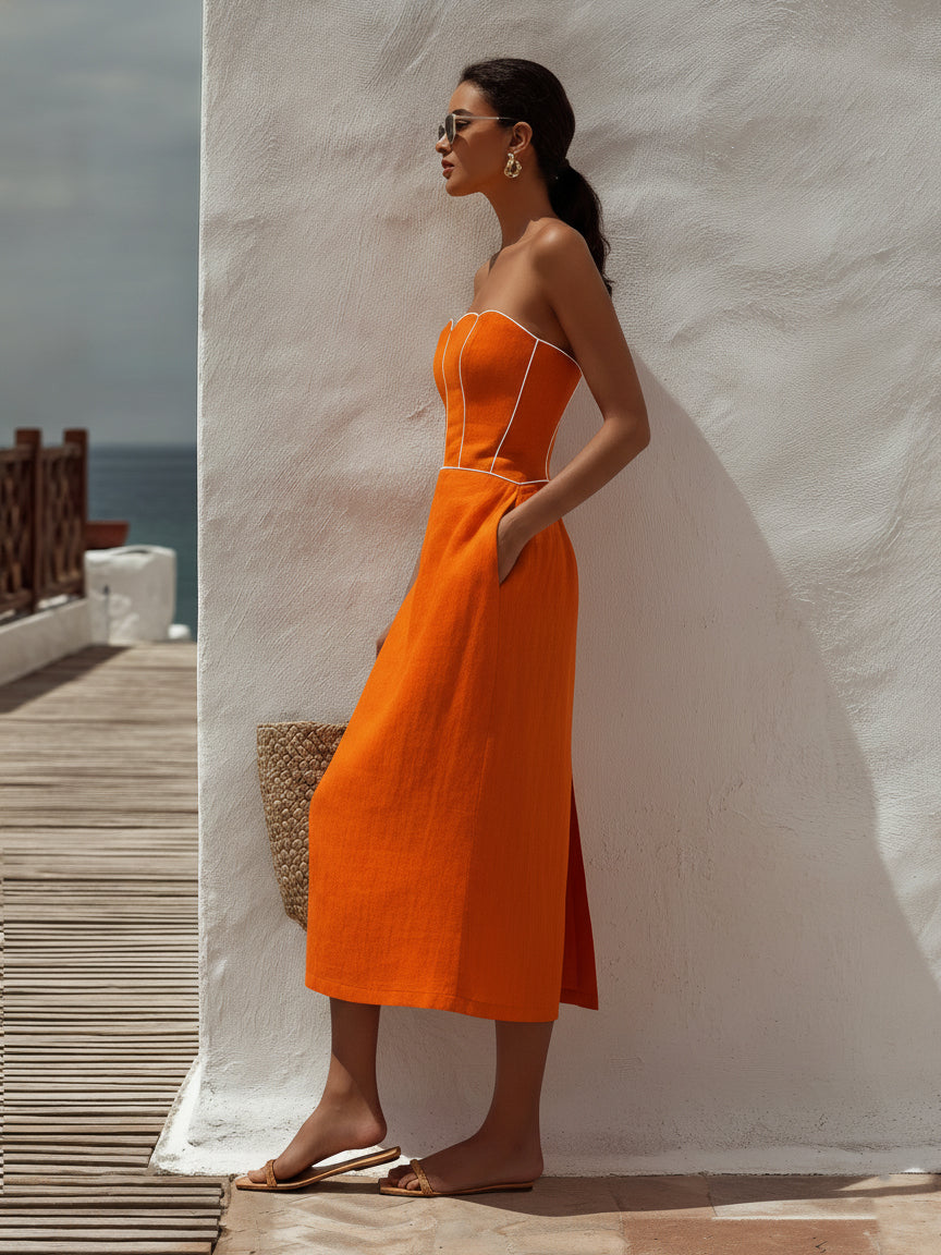 Retro Style Orange White Contrast Strapless Corset Midi Dress
