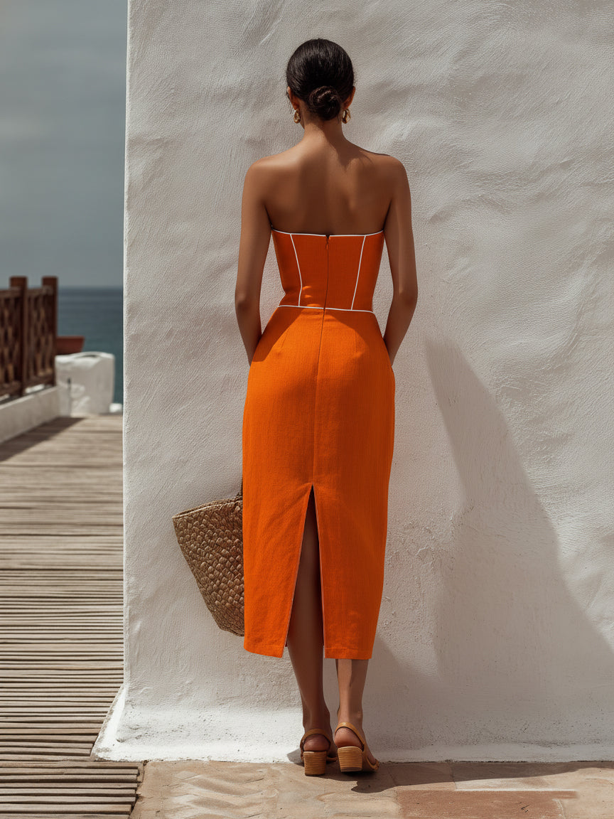 Retro Style Orange White Contrast Strapless Corset Midi Dress