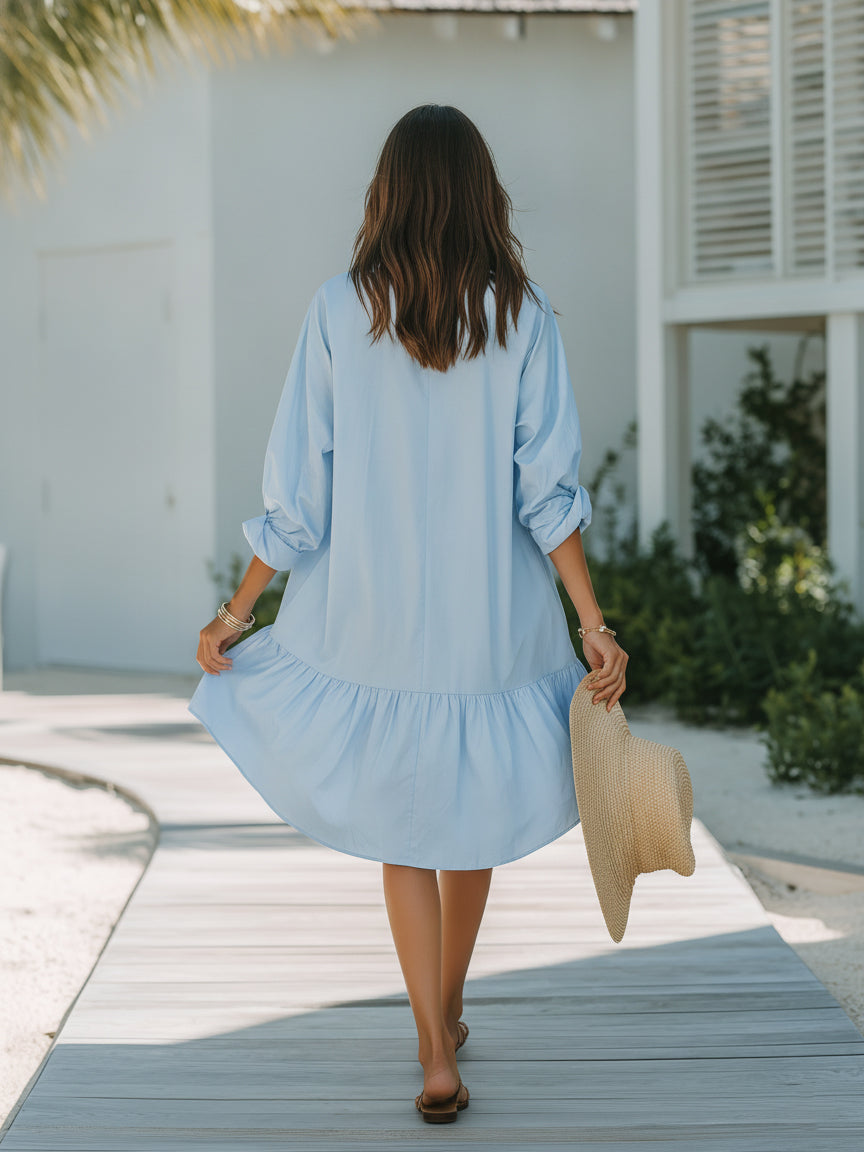 Vacation Style Light Blue Ruffle Hem Oversized Shirt Mini Dress