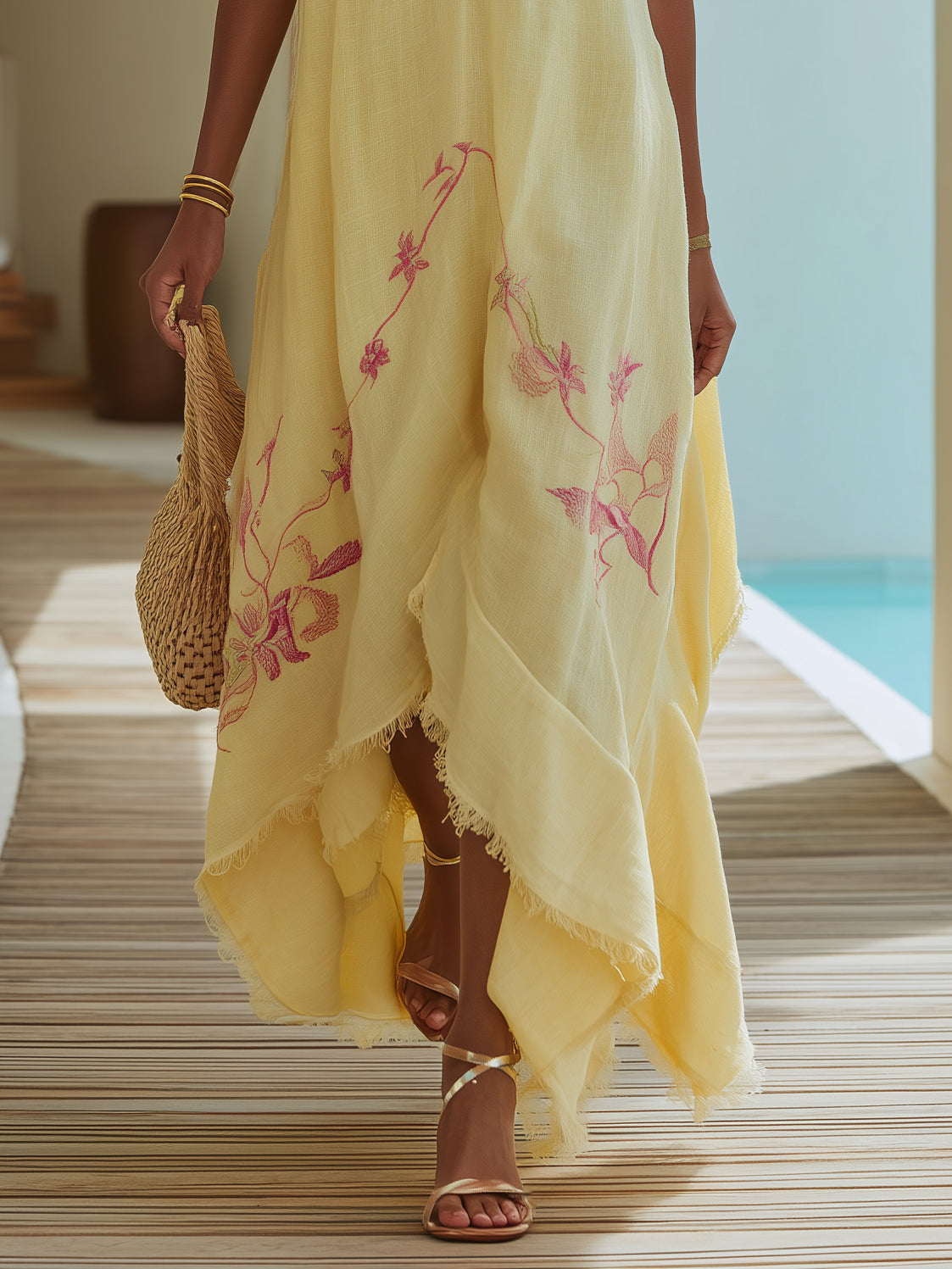Resort Pale Lemon Floral Embroidered Linen Maxi Dress