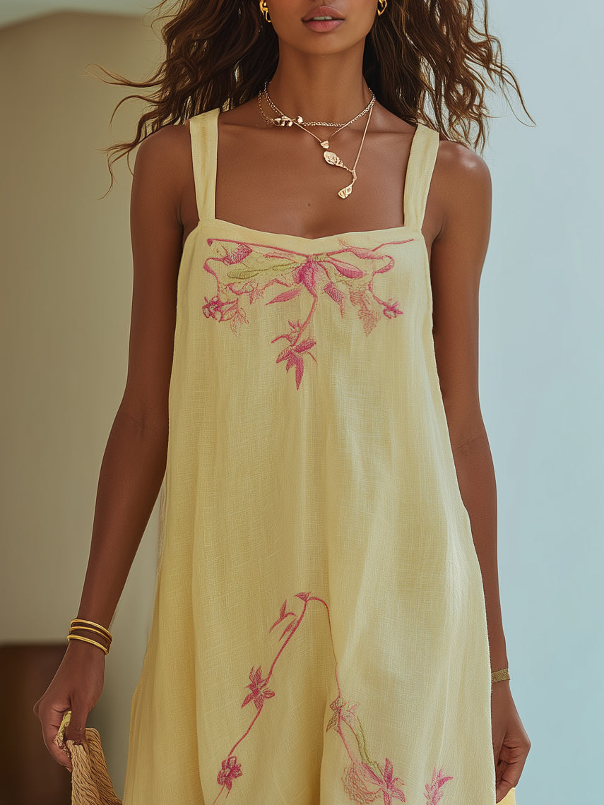 Resort Pale Lemon Floral Embroidered Linen Maxi Dress