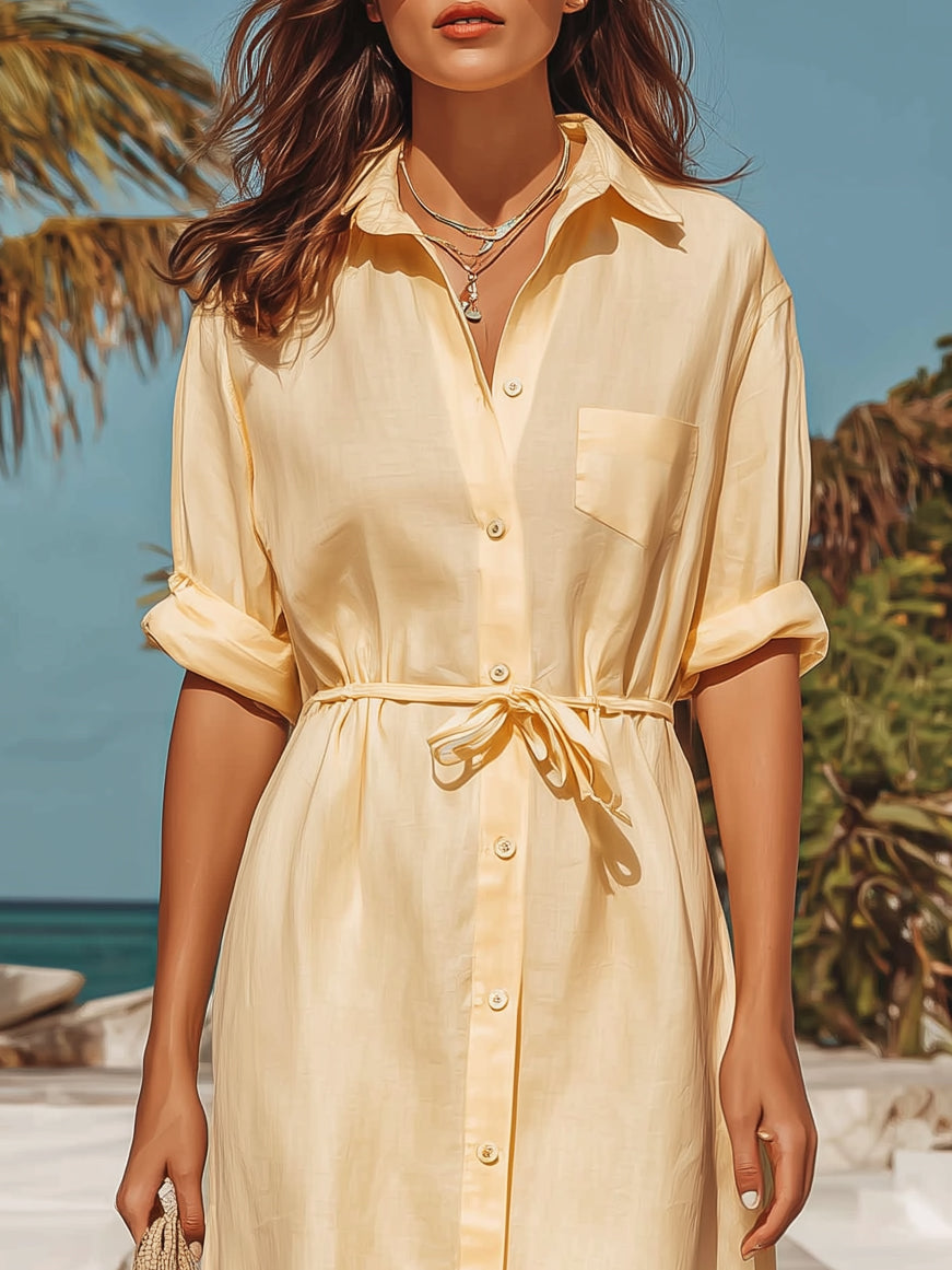 Vacation Style Pale Yellow Belted Linen-Blend Midi Shirt Dress