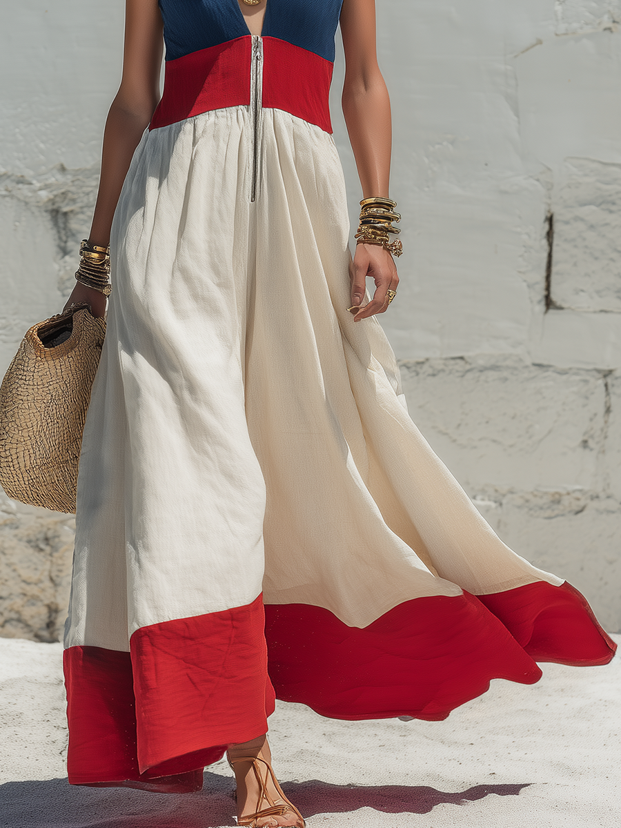 Vacation-style V-neck And Red-and-blue Color-block Sleeveless Off-white Maxi Dress