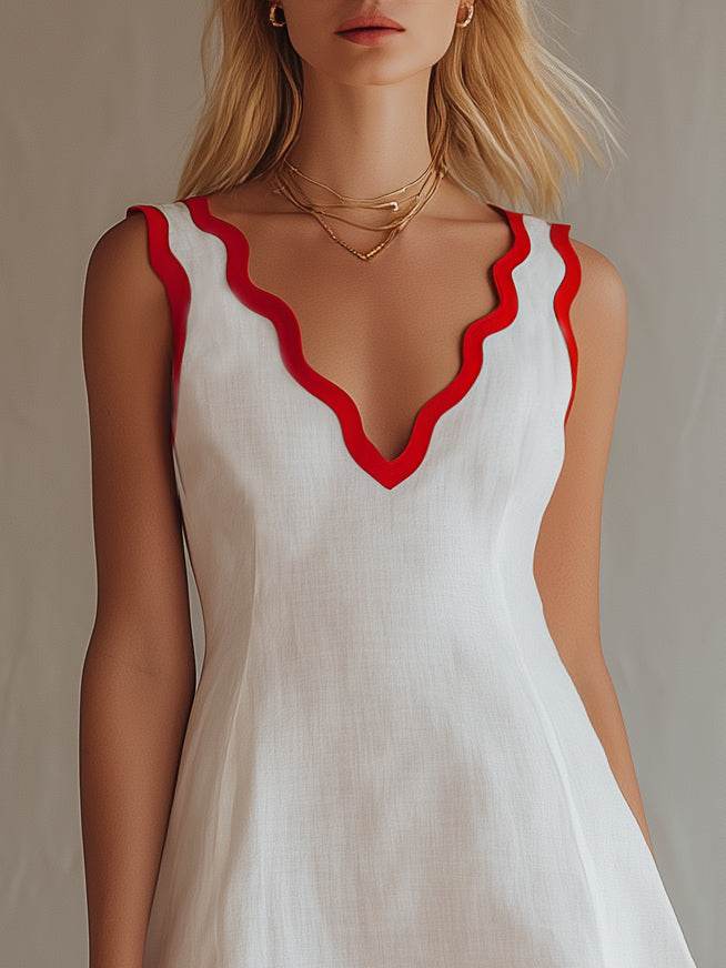 Island Vacation White And Red Scallop Trim Linen-Blend Mini Dress