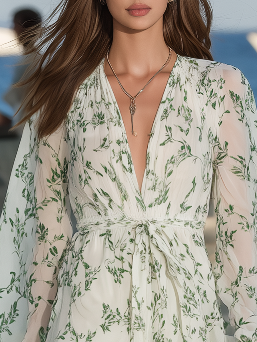 Resort-style V-neck Lantern Long-sleeved Printed Mini Dress