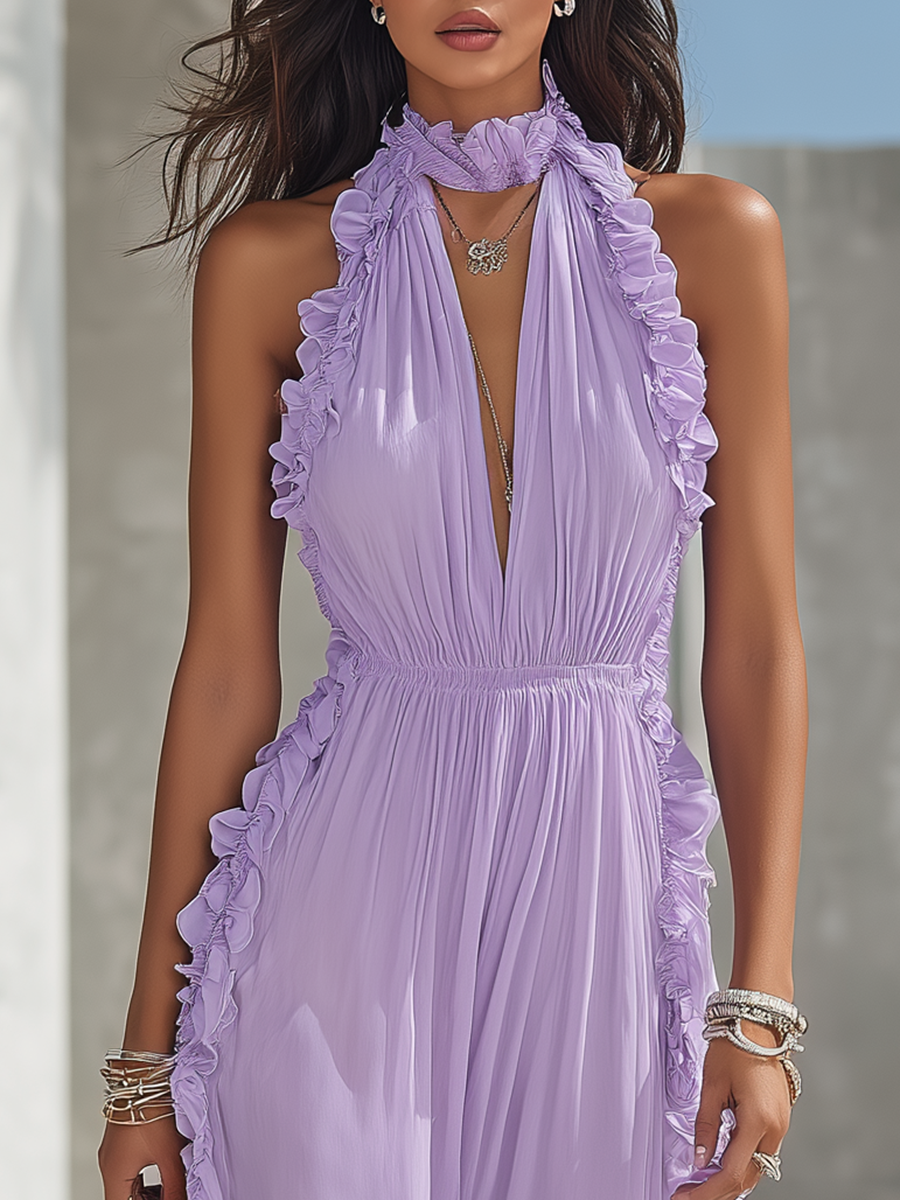Resort-style Sleeveless Ruffle Halter Neck Maxi Dress