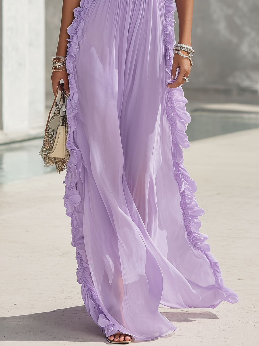 Resort-style Sleeveless Ruffle Halter Neck Maxi Dress