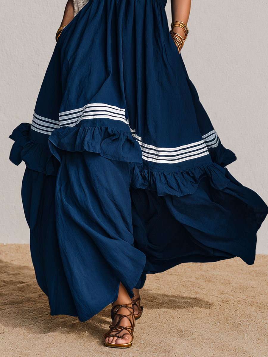 Vacation-style Retro Striped V-neck Ruffled Maxi Dress