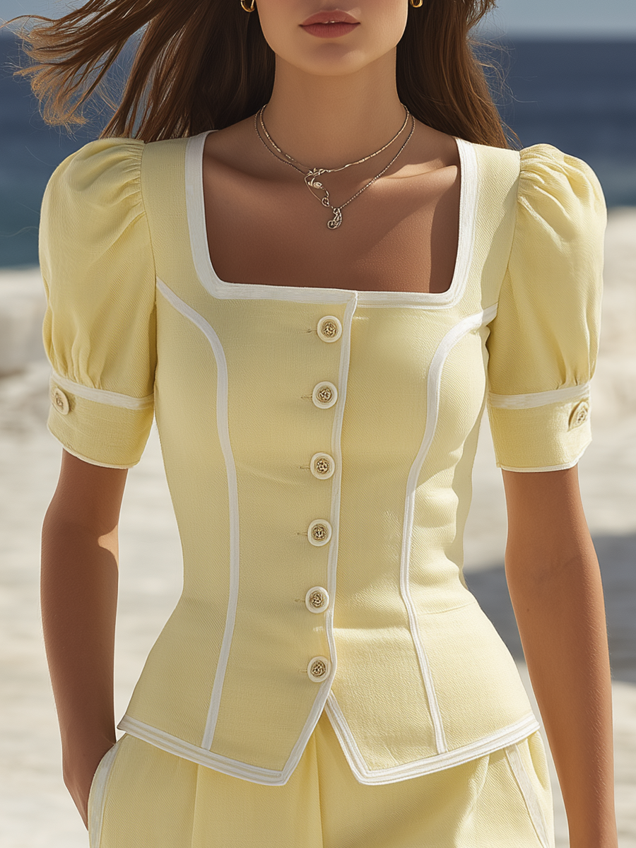Retro Color-blocked Square Neck Short-sleeved Top And Shorts Set
