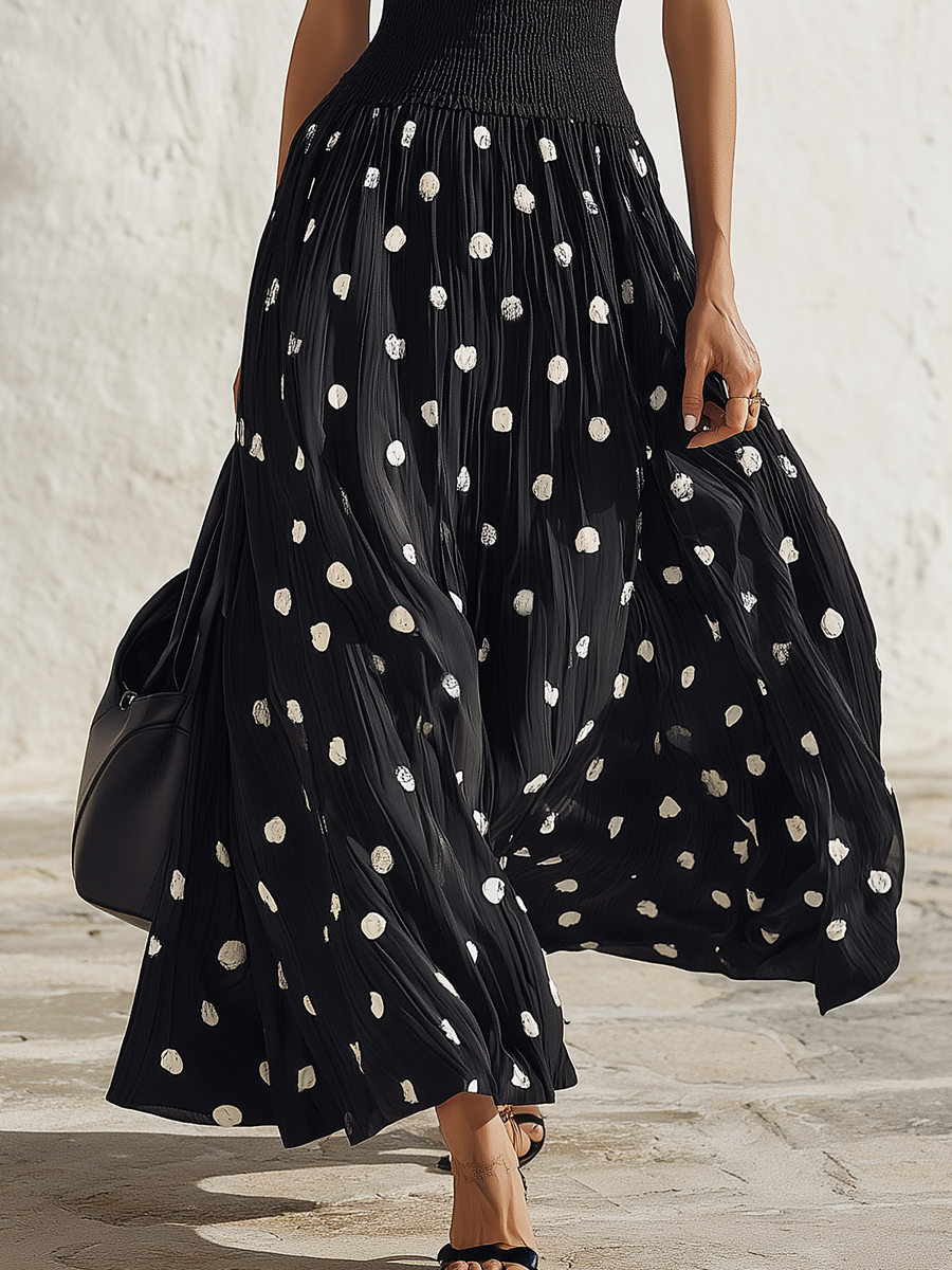 Coastal Chic Polka-Dot Sleeveless Knit And Chiffon Black Maxi Dress