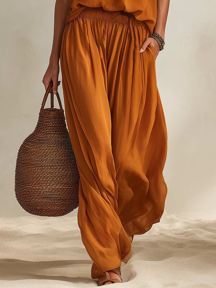 Resort-style Sleeveless A-line Top And Trousers Set