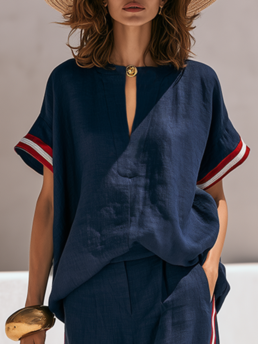 Old Money Style Contrast Trim Cotton-Linen Short-Sleeve Top And Wide-Leg Pants Set