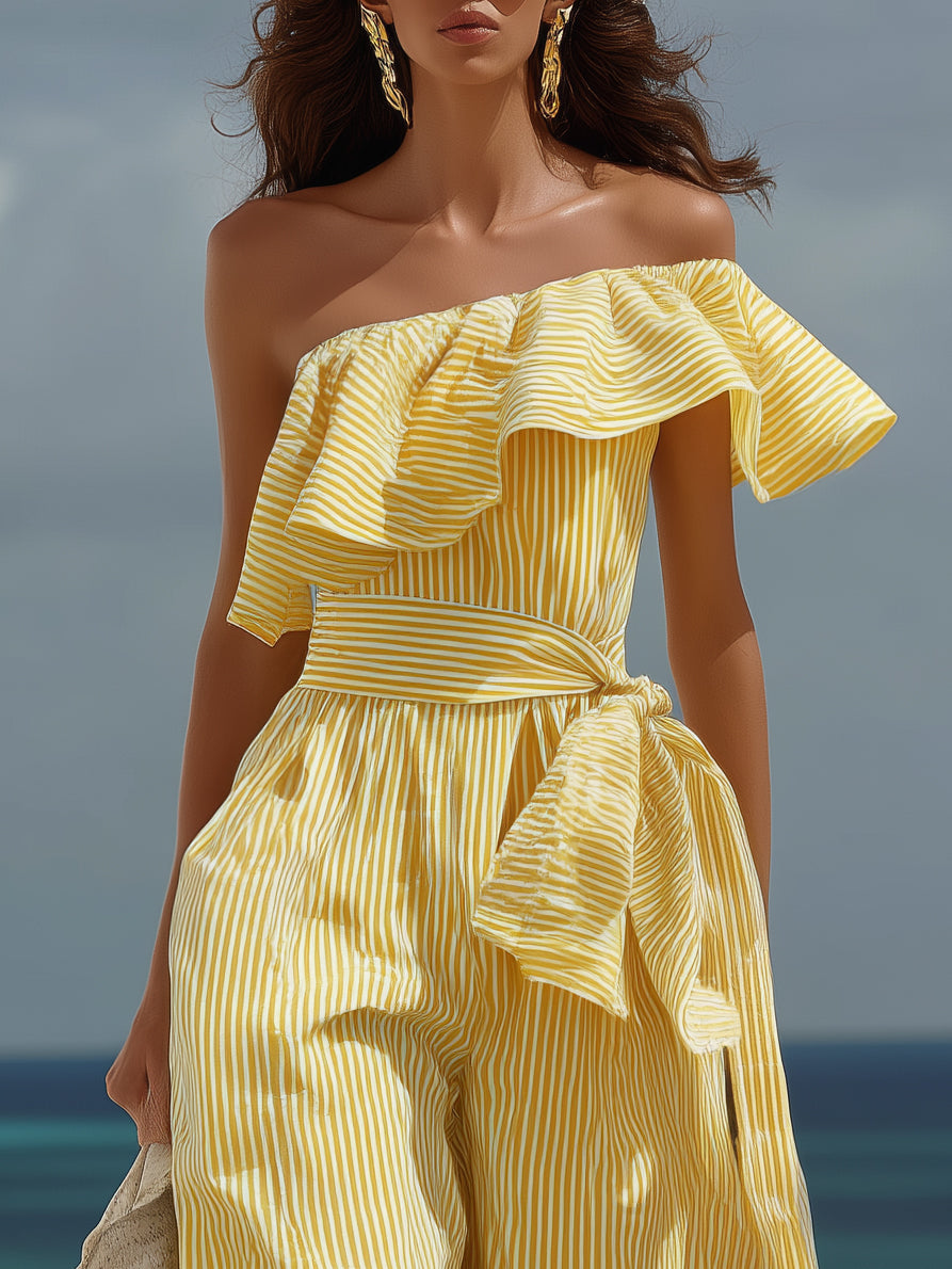 Tropical Beach Yellow Stripe Linen Blend Off Shoulder Ruffle Tie Waist Wide Leg Jumpsuit