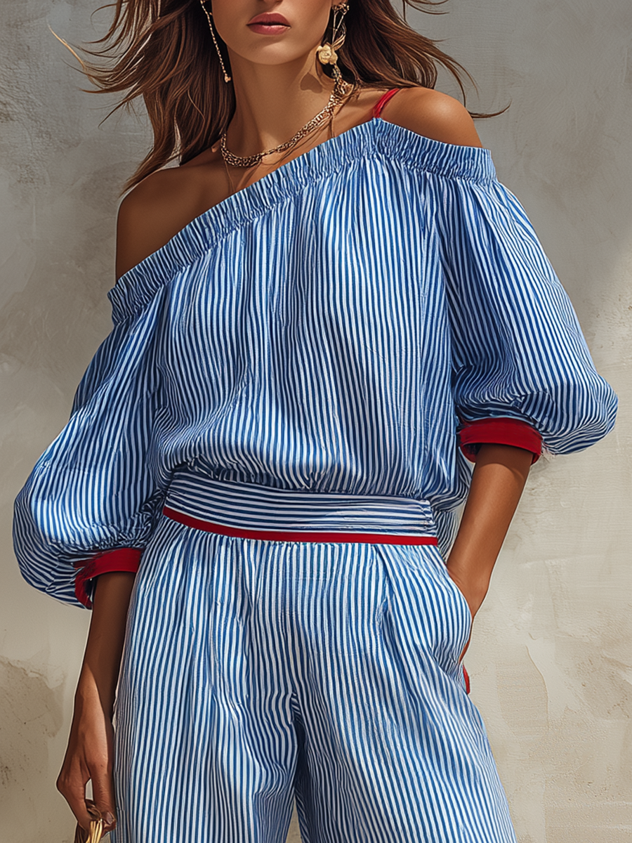 Retro Color-blocked Striped Three-quarter Sleeve Top And Wide-leg Pants Set