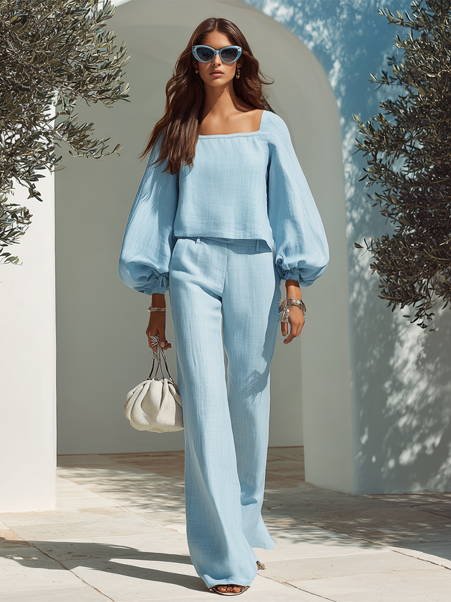 Resort-style Square-neck Lantern-sleeve Top And Trousers Set