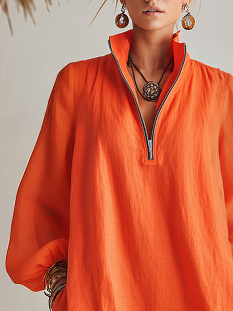 Vibrant Resort Orange Cotton Linen Long Sleeve Half-Zip Stand Collar Ruffled Hem Mini Dress