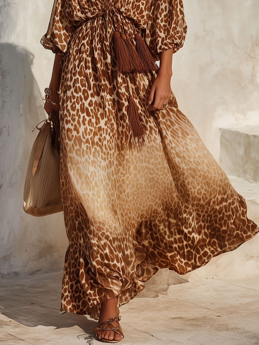 Retro V-neck Leopard Print Maxi Dress