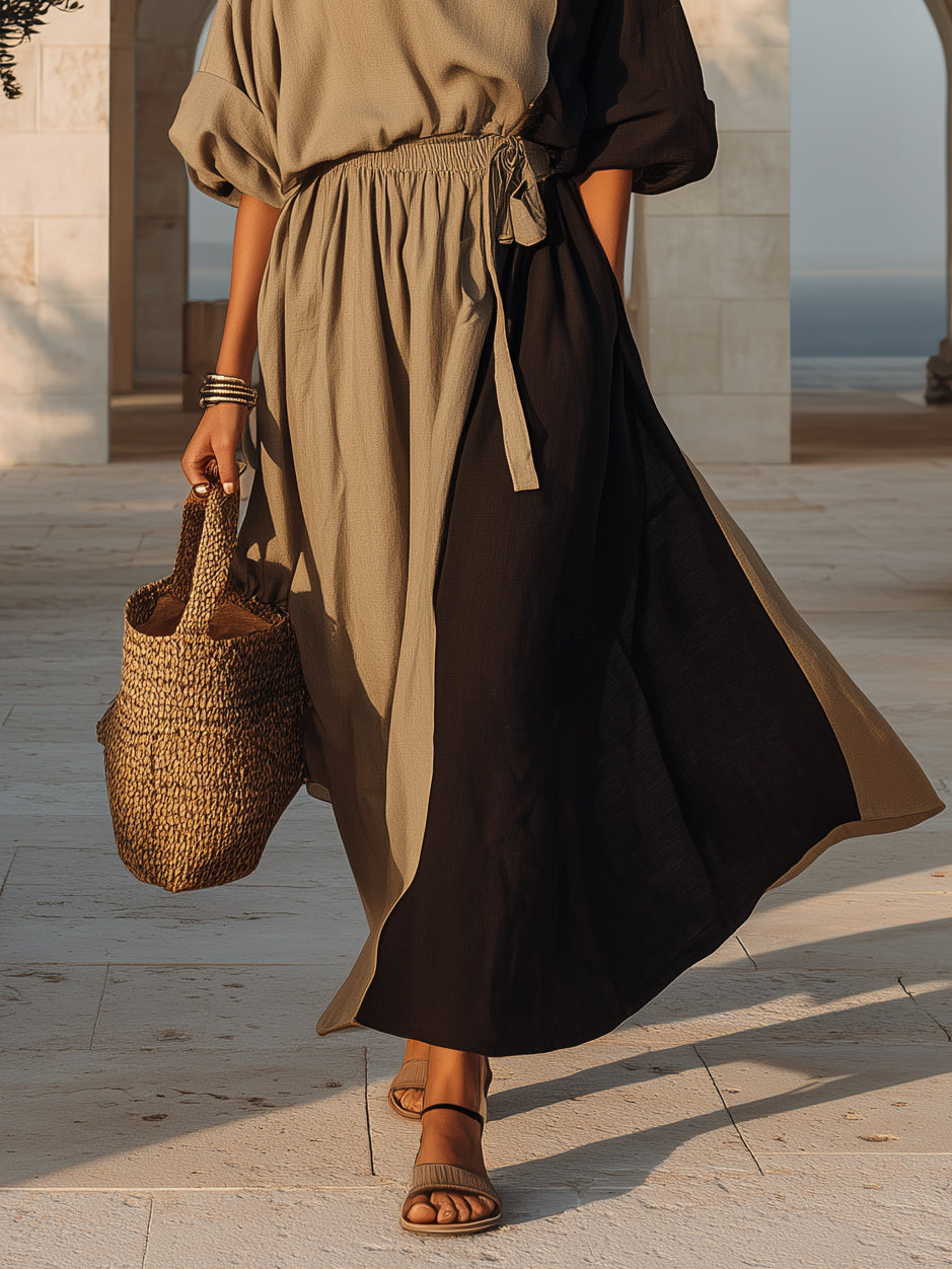 Desert Wander Taupe Black Color Block Linen Drawstring Waist Maxi Dress