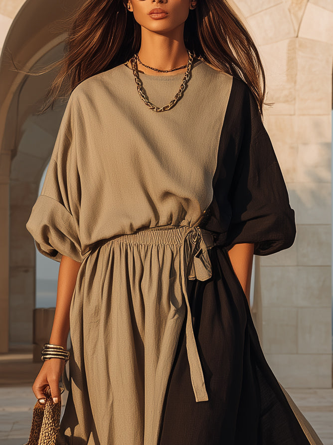Desert Wander Taupe Black Color Block Linen Drawstring Waist Maxi Dress