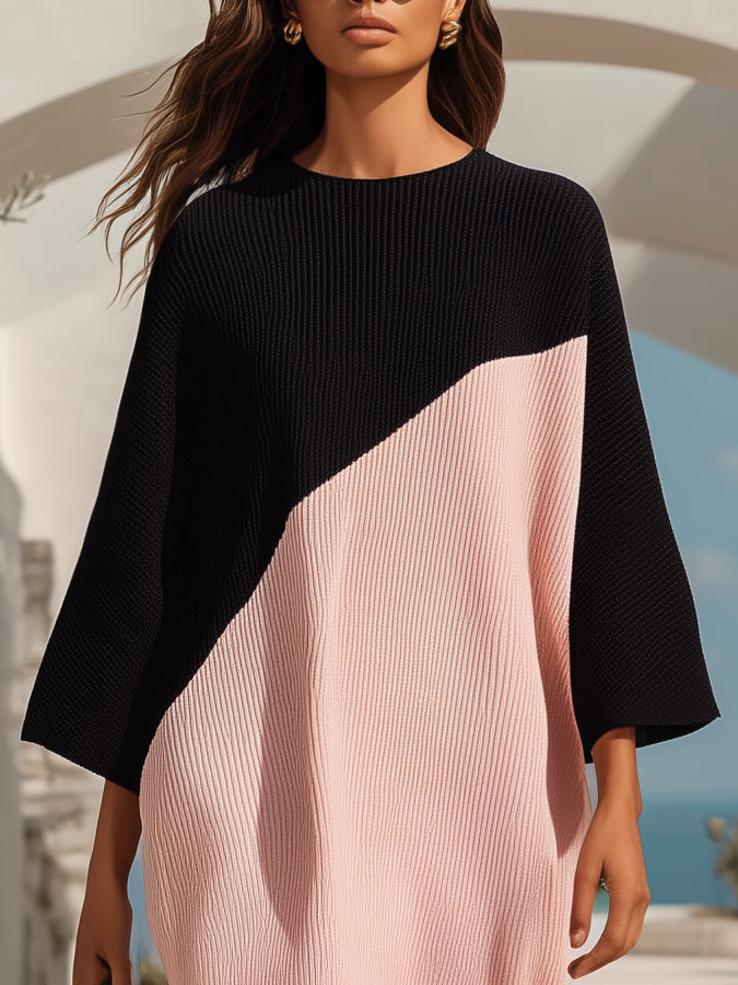 Minimal Resort Black Pink Color Block Vertical Rib Knit Loose Mini Dress
