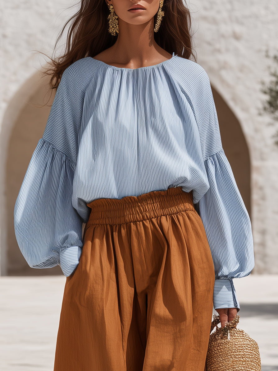 Cycladic Resort Blue Pinstripe Cotton Blouse Elastic High Waist Rust Linen Blend Wide Leg Two-Piece Set