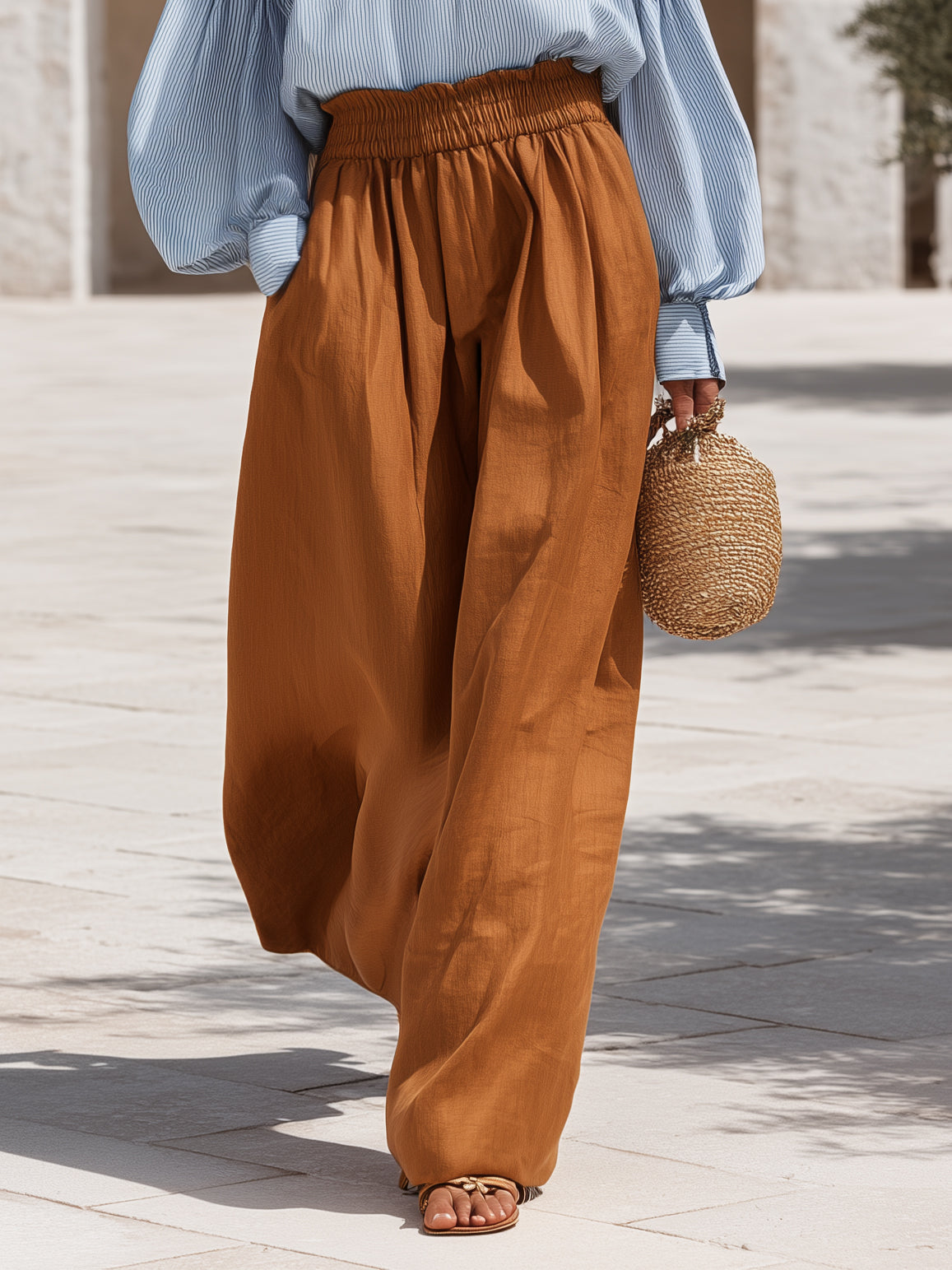 Cycladic Resort Blue Pinstripe Cotton Blouse Elastic High Waist Rust Linen Blend Wide Leg Two-Piece Set
