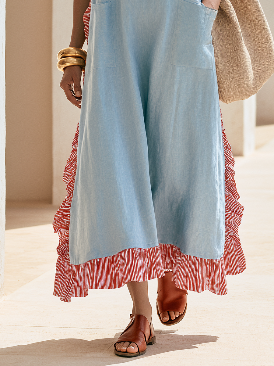 Vacation Red And White Stripes Ruffles Blue Sleeveless Tencel Maxi Dress