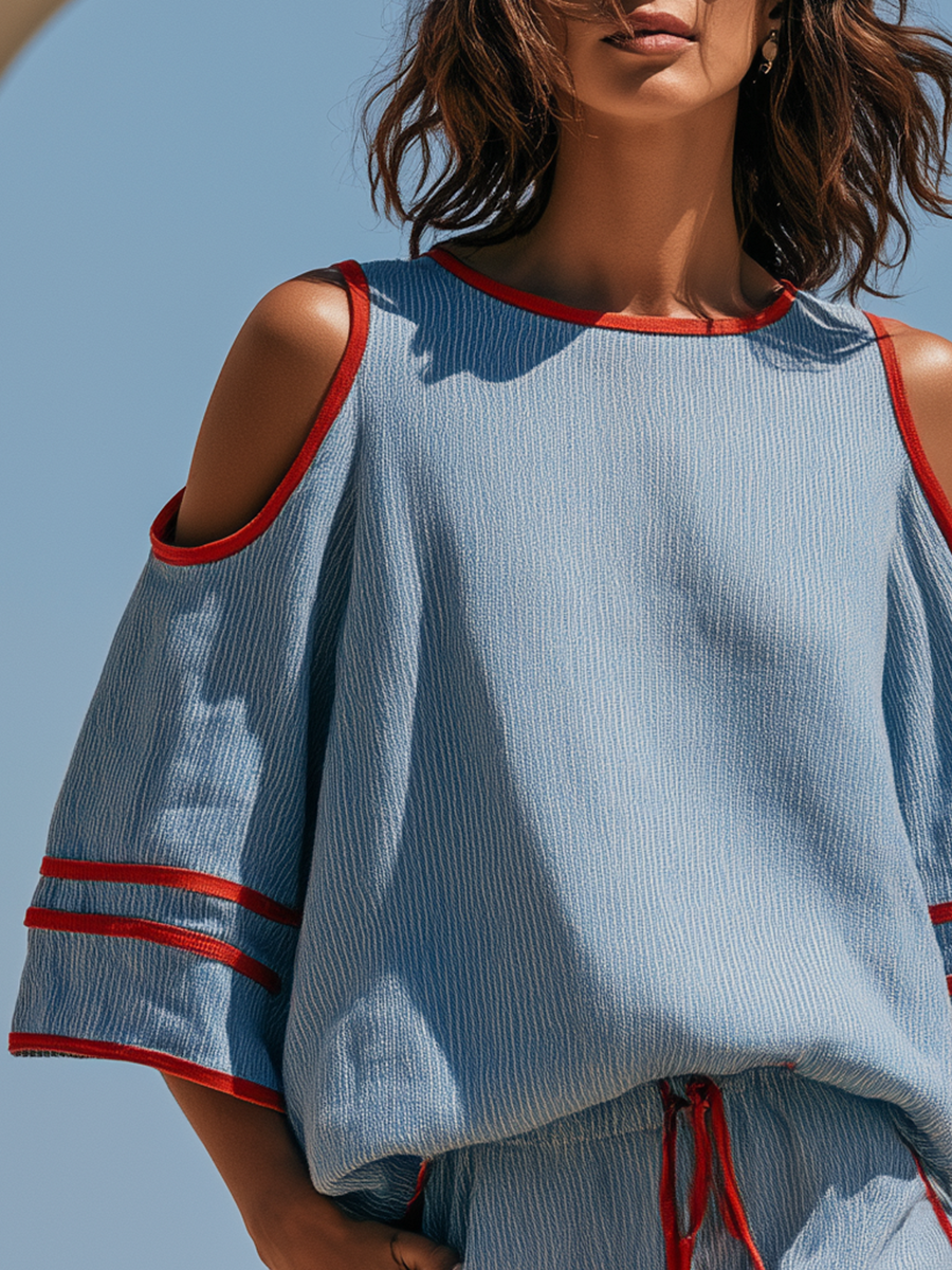 Vacation Short-sleeve Red-trimmed Blue Striped Cotton-linen Top And Shorts Set