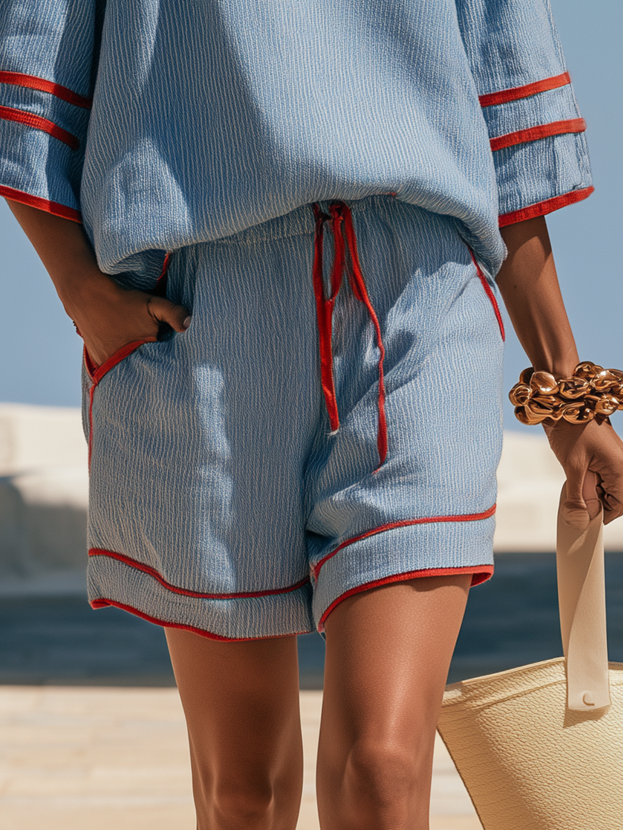 Vacation Short-sleeve Red-trimmed Blue Striped Cotton-linen Top And Shorts Set