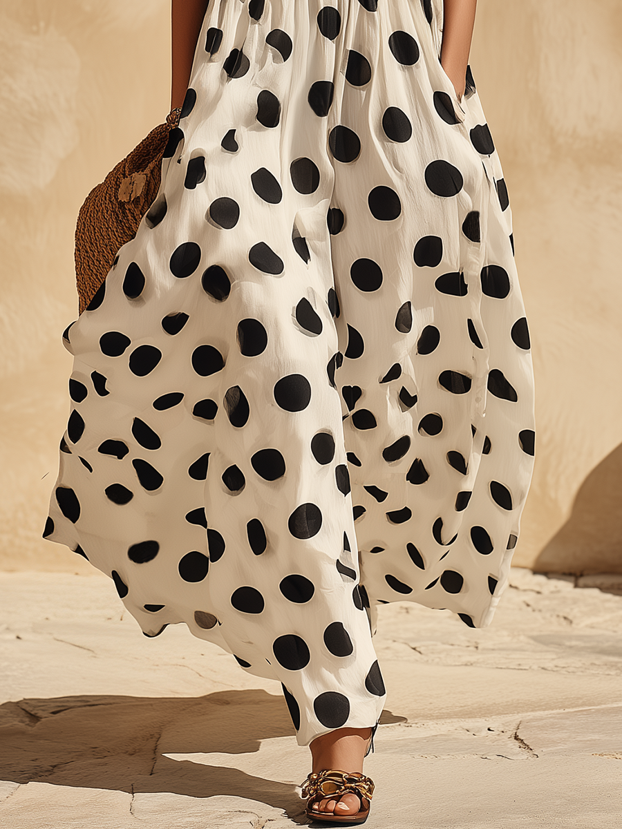Retro Classic Polka Dot Square Neck Half-sleeve Maxi Dress