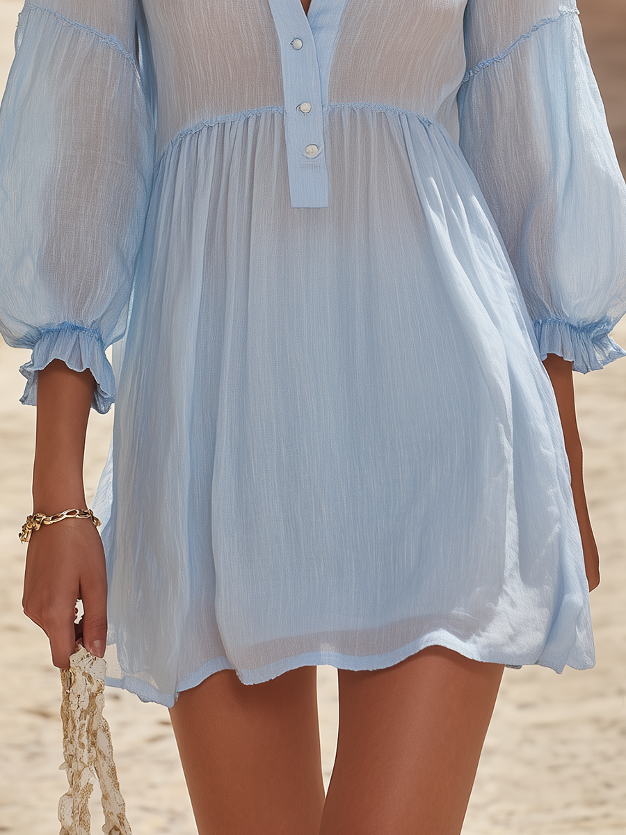 Elegant Vacation-style Embroidered Button-down Mini Dress