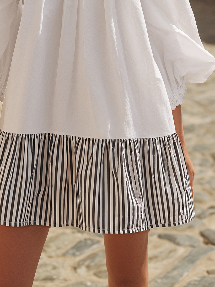 Retro Square Neck Loose Striped Ruffle Mini Dress