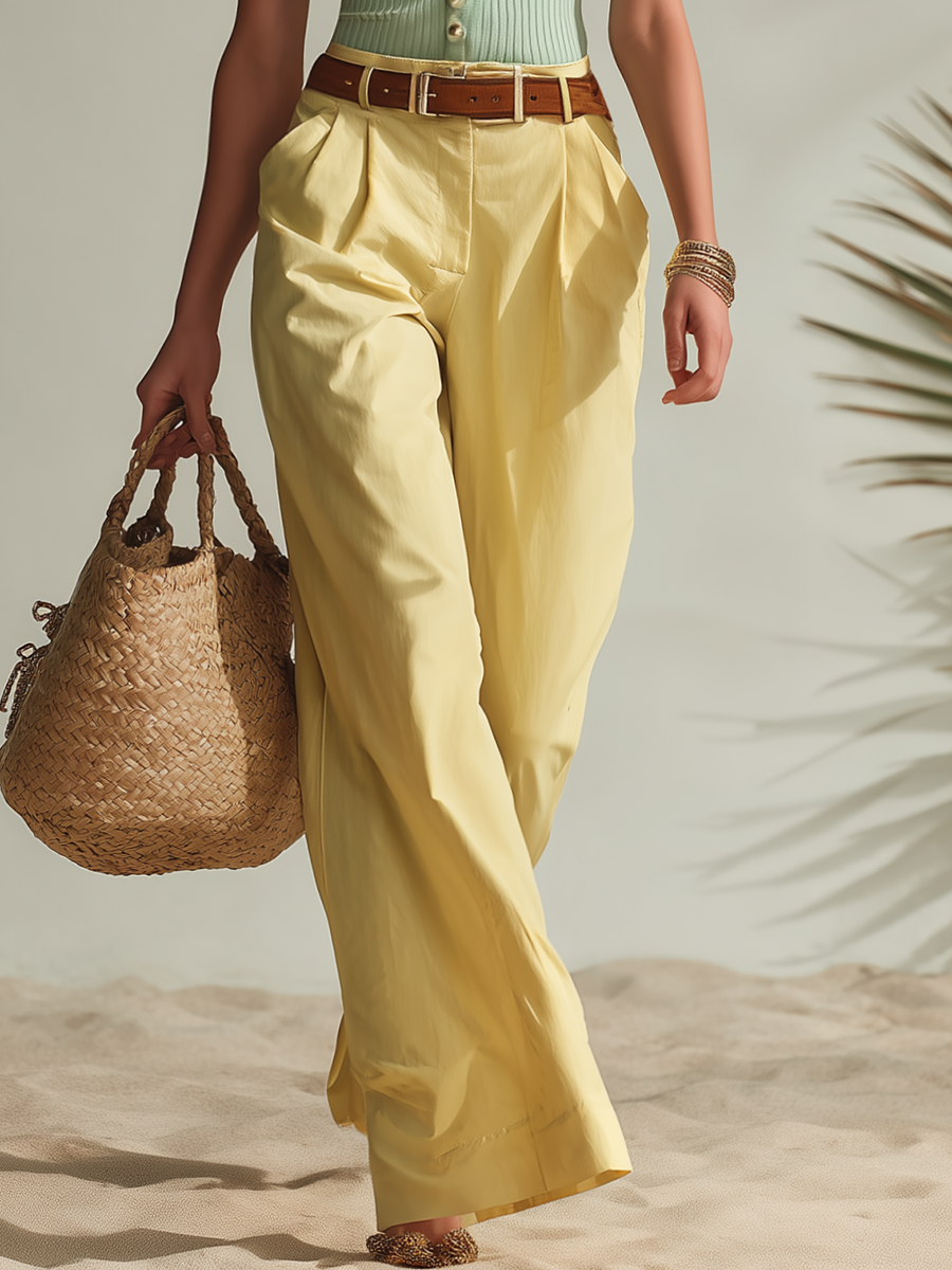 Resort-style Collared Short-sleeve Knit Top And Trousers Set